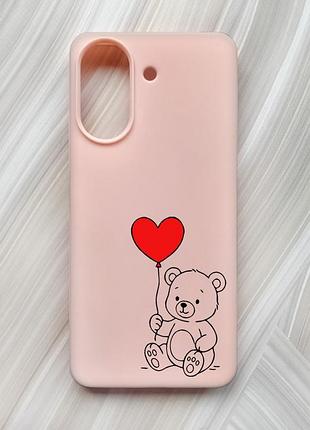 Матовый розовый чехол на xiaomi redmi 13c / poco c65 медвежонок с сердечком (принт 431)