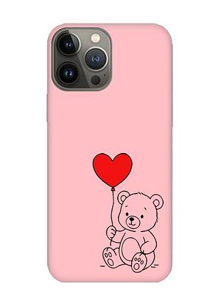 Матовый розовый чехол на apple iphone 13 pro медвежонок с сердечком (принт 431)