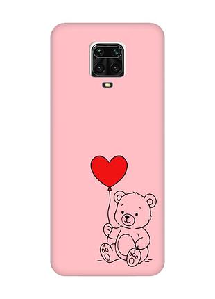 Матовый розовый чехол на xiaomi redmi note 9 pro / 9s / 9 pro max медвежонок с сердечком (принт 431)