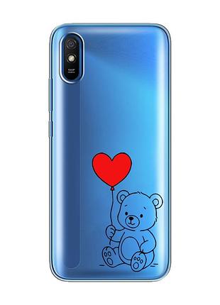 Прозрачный чехол на xiaomi redmi 9a медвежонок с сердечком (принт 431)