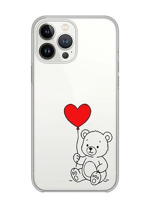 Прозрачный чехол с защитой камеры на iphone 14 pro медвежонок с сердечком (принт 431)