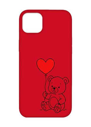 Матовый красный чехол на iphone 14 plus медвежонок с сердечком (принт 431)