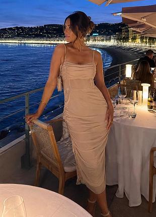 Prettylittlething — бежева міді-сукня з драпіруванням, uk 12 / eu 40