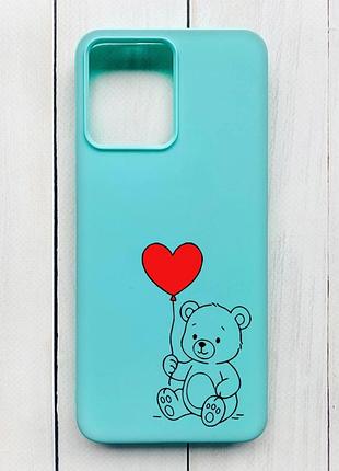 Матовый чехол на xiaomi redmi 12 бирюзовый медвежонок с сердечком (принт 431)