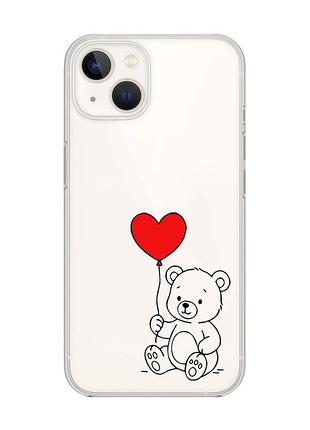 Прозрачный чехол с защитой камеры на iphone 14 plus медвежонок с сердечком (принт 431)