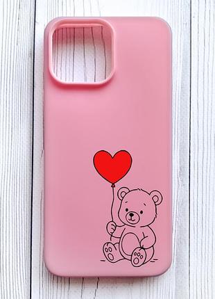 Матовый розовый чехол на iphone 16 pro max медвежонок с сердечком (принт 431)