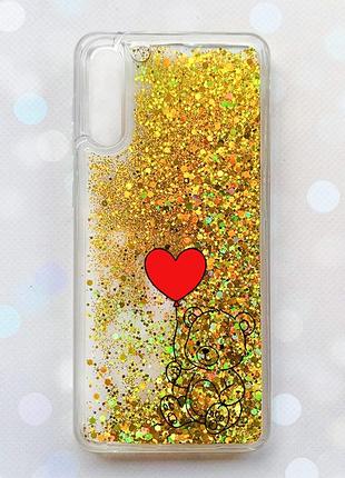 Чехол с плавающими золотыми блестками на samsung galaxy a50 (2019) a505f медвежонок с сердечком (принт 431)