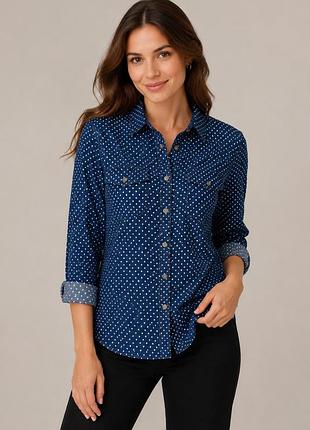 Синяя рубашка с белым мелким горохом на пуговицах классика размер xs s m h&m
