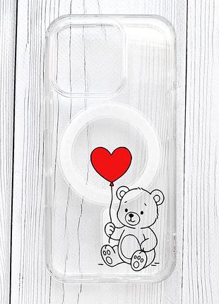 Магнітний чохол на iphone 16 pro із підтримкою magsafe ведмежатко з сердечком (принт 431)