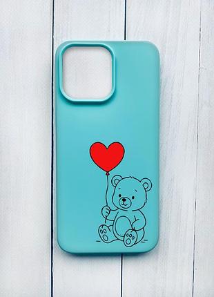 Матовий чохол на iphone 15 pro max бірюзовий ведмежатко з сердечком (принт 431)
