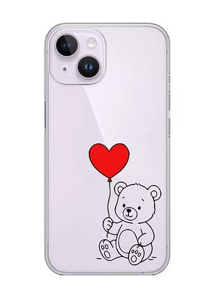 Прозорий чохол із захистом камери на iphone 14 ведмежатко з сердечком (принт 431)