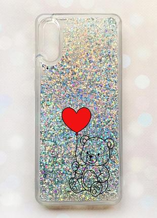 Чехол с плавающими серебряными блестками на samsung galaxy a02/a022 (2021) медвежонок с сердечком (принт 431)