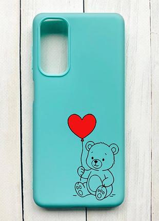 Матовый чехол на samsung galaxy m54 бирюзовый медвежонок с сердечком (принт 431)