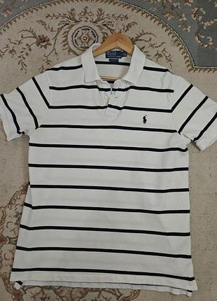 Оригінальне поло polo ralph lauren custom fit у білому кольорі з темно-синіми смугами.