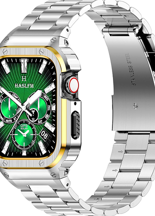 Ремешки из нержавеющей стали haslfm с чехлом, совместимые с apple watch 45 мм series 9 8 7, прочные металлические ремешки и защитный бампер для мужски