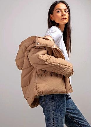 Куртка дутая с капюшоном укороченная беж zara осень зима тренд сезона 🔥на рост 140