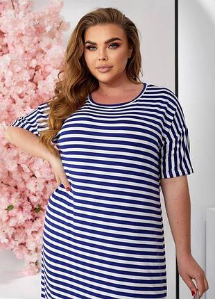 Сине-белое летнее трикотажное платье в полоску свободного кроя xxxl-4xl 5
