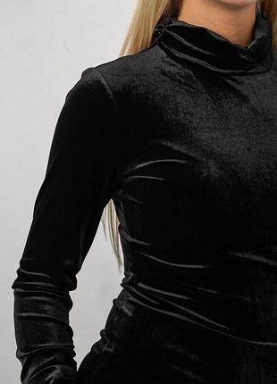 Платье женское однотонное вечернее велюровое с длинными рукавами, зауженное с разрезом, черный, s 5