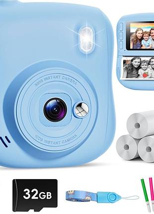 Детский цифровой фотоаппарат hangrui h9 мгновенной печати с термопринтером, 32gb, usb-c, голубой (новый)