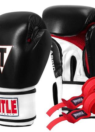 Боксерские перчатки title classic leather 2.0 black/white/red s 10oz (бинты 4м. в комплекте)