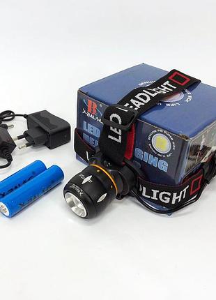 Фонарь налобный светодиодный водонепроницаемый с 2 аккумуляторами bailong bl-t06b-p90, главный фонарик