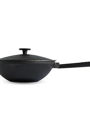 Сковорода з чавуна brizoll з дерев`яною ручкою black та чавунною кришкою wok 2,8 л