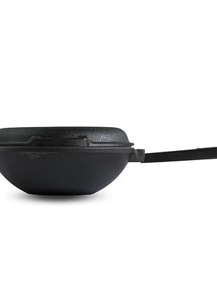 Сковорода з чавуна brizoll з дерев`яною ручкою black та чавунною кришкою-сковородою wok 2,2 л