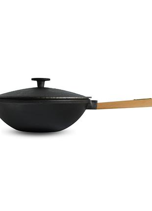 Сковорода з чавуна brizoll з дерев`яною ручкою та чавунною кришкою wok 2,8 л