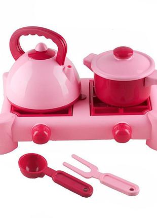 Детский игровой набор посуды с газовой плитой 70408(pink) 6 предметов, розовый