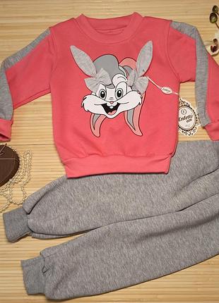 Костюм для дівчинки ( теплий) "bunny" 104 розмір кораловий з сірим