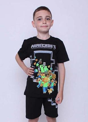 Детский летний костюм для мальчика с принтом minecraft – футболка и шорты, черный 128-134
