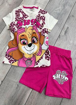 Літній дитячий костюм (футболка + шорти) для дівчинки paw patrol skye малиновий з білим 98-104