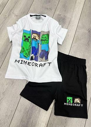 Детский летний костюм для мальчика minecraft: футболка + шорты, белый с черным 110-116