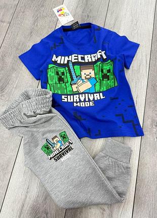 Детский костюм для мальчика minecraft (футболка + брюки) синий с серым 104-110