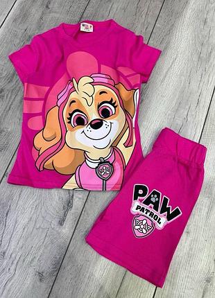 Летний детский костюм (футболка + шорты) для девочки paw patrol "skye" малиновый 104-110