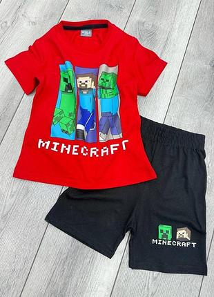Дитячий літній костюм для хлопчика minecraft: футболка + шорти, червоний із чорним 122-128