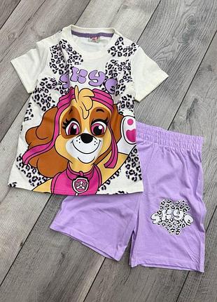 Літній дитячий костюм (футболка + шорти) для дівчинки paw patrol skye бузковий з білим 134-140