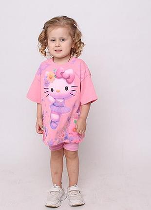 Комплект для девочки (футболка + шорты) hello kitty коралловый 104-110