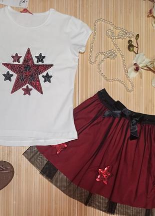 Комплект для девочки (футболка+юбка) "a star" белый с красным 152