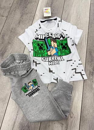 Дитячий костюм для хлопчика minecraft (футболка + штани) білий із сірим 134-140