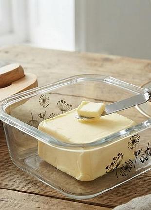 Маслянка скляна butter з бамбуковою кришкою та ножем 13×13×6 см для зберігання масла