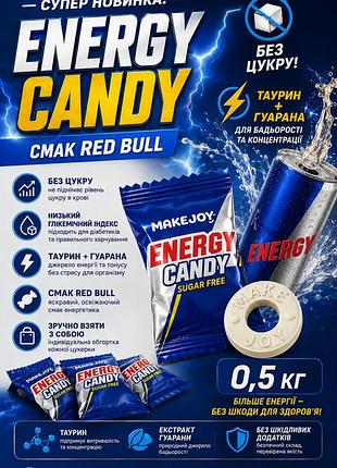 Цукерки без цукру energy candy 0,5кг, (смак енегретик red bull) з таурином та гуараною для бадьорості