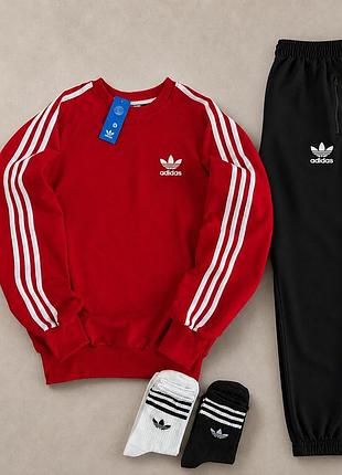 Красный свитшот adidas с черными штанами, костюм адидас с лампасами, спортивный комплект для мужчин xl