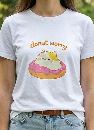 Футболка с принтом пуффа котик пончик донат donut worry xxl біла