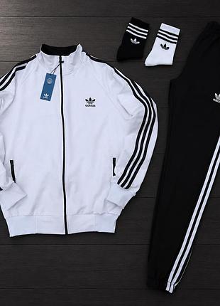 Олімпійка adidas біла на блискавці, штани адідас чорні з лампасами, спортивний костюм адідас для чоловіків s