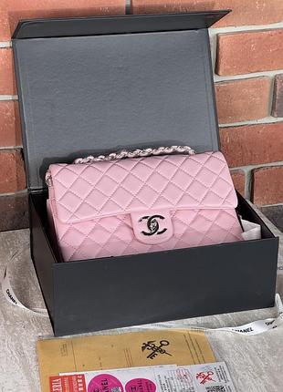 Сумка жіноча клатч через плече chanel classic double flap bag premium шанель рожевий срібло