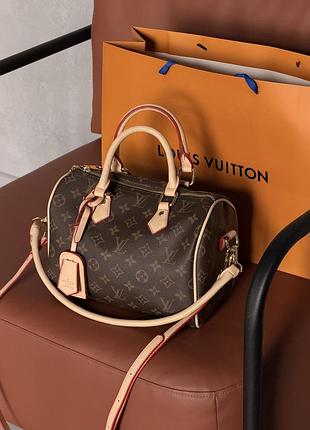 Жіноча сумка louis vuitton speedy 25 боченя коричневий + світлий беж через плече луї віттон