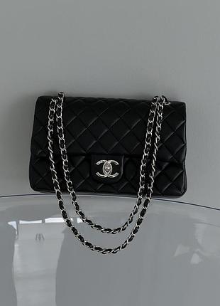 Сумка жіноча клатч через плече chanel classic double flap bag premium шанель чорний срібло
