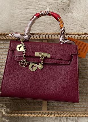 Жіноча сумка kelly medium size з хусткою бургунді келлі середня сумочка келлі