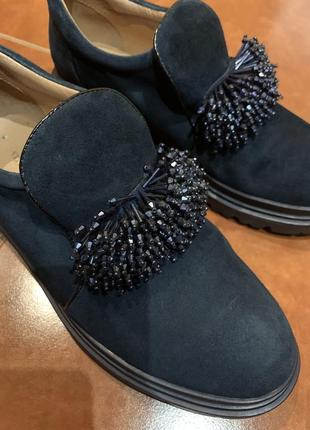 Женские замшевые темно-синие туфли на низком ходу броги,38-39р5 фото